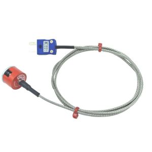 JIS Type K 1.9kg Pull Button Magnet Thermocouple, PFA Insulated Cable with Stainless Steel Over-Braid Terminating in Miniature Plug - 1m