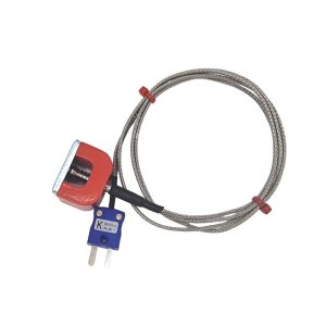 JIS Type K 4.5kg Pull Power (Horseshoe) Magnet Thermocouple, PFA Insulated Cable with Stainless Steel Over-Braid Terminating in Miniature Plug - 1m